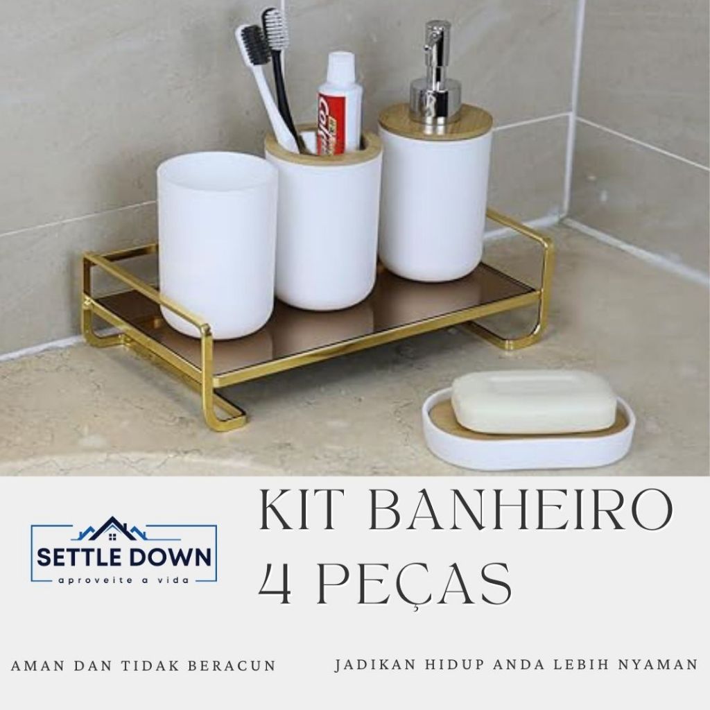 Kit para Banheiro Bambu Plástico Conjunto 4 Peças Completo Porta Sabonete Escova de Vaso Lixeira Conjunto Preto Branco
