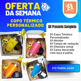 Kit Copo térmico personalizado nome e logo + Chaveiro + Tampa + Abridor + Embalagem com laço e palha decorativa