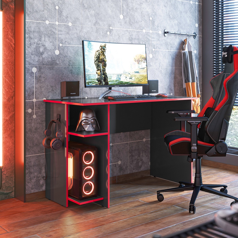 Mesa Para Computador Escrivaninha Gamer Cor Preto Vermelho
