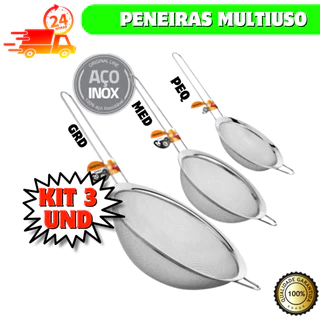 Kit com 3 peneiras de cozinha em aço inox coador pequena, media e grande 12cm 14cm 21cm