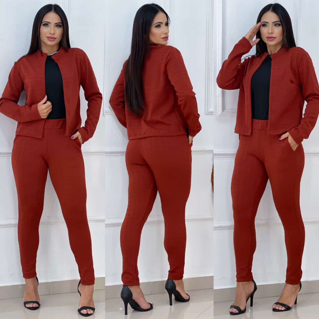CONJUNTO CALÇA E BLAZER FEMININO MALHA JACQUARD | Shopee Brasil