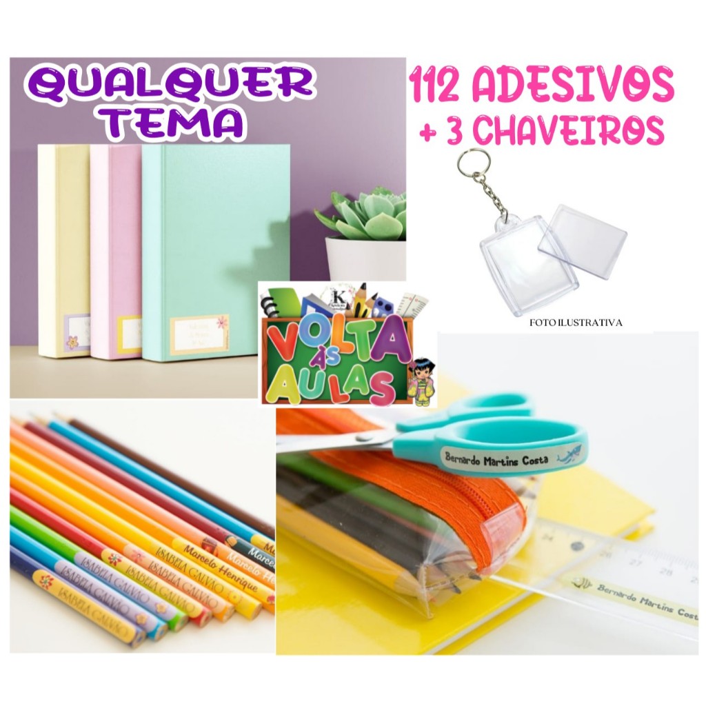 Kit 112 etiquetas adesivo escolar + 3 chaveiros | Shopee Brasil