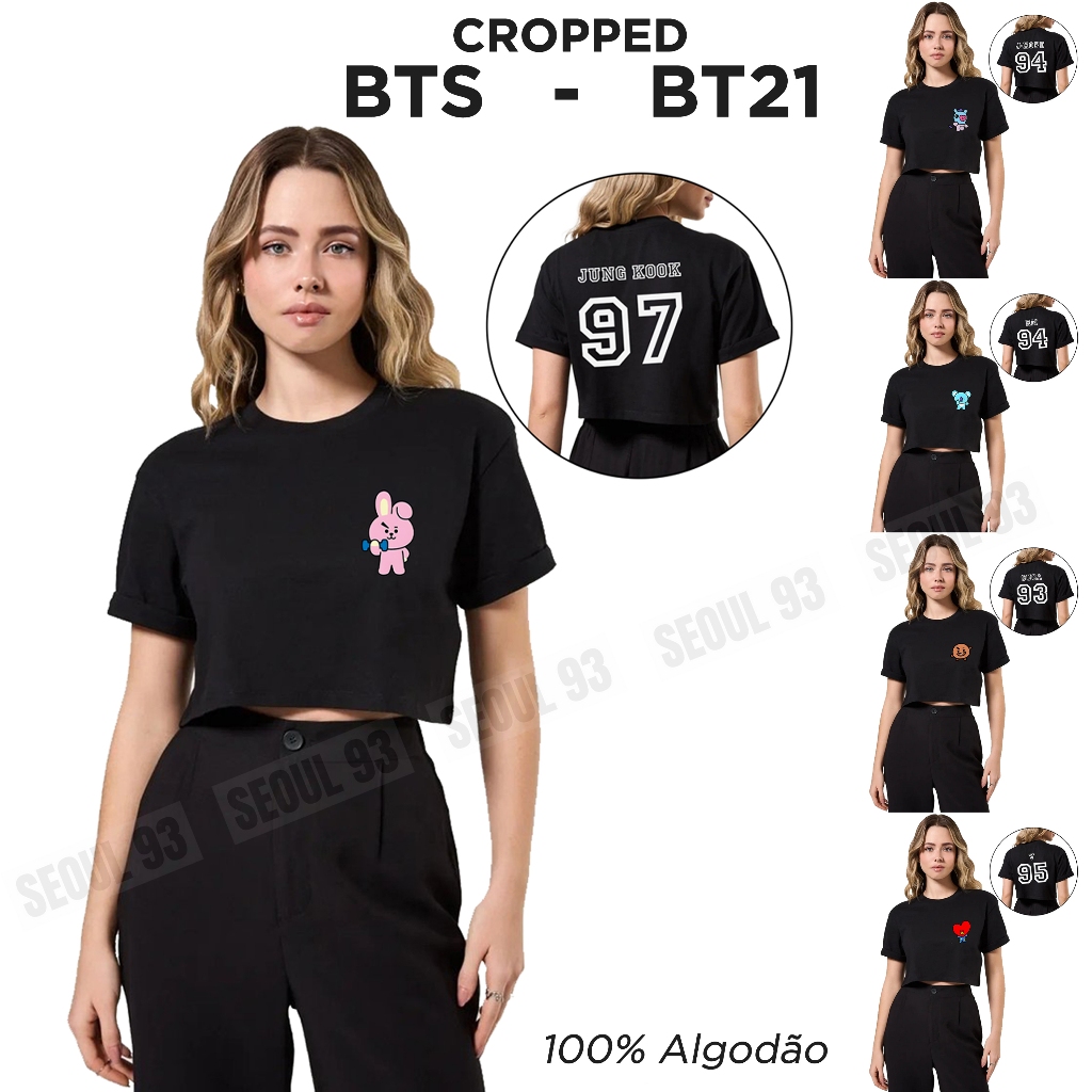Cropped BT21 BTS 100% Algodão Tamanho Adulto e Infantil Blusa V