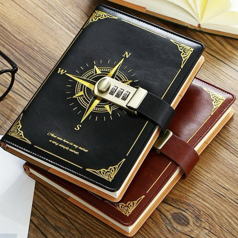 Caderno com cadeado Diário privado do estudante Bússola viagem diário de bordo