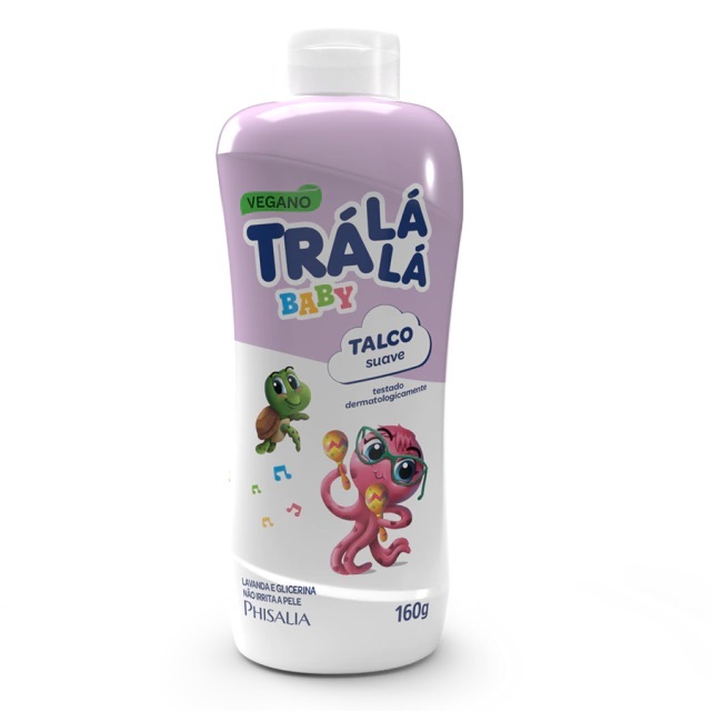 TRÁ LÁ LÁ TALCO SUAVE PERSONAGEM BABY BRANCO E ROXO 160 G