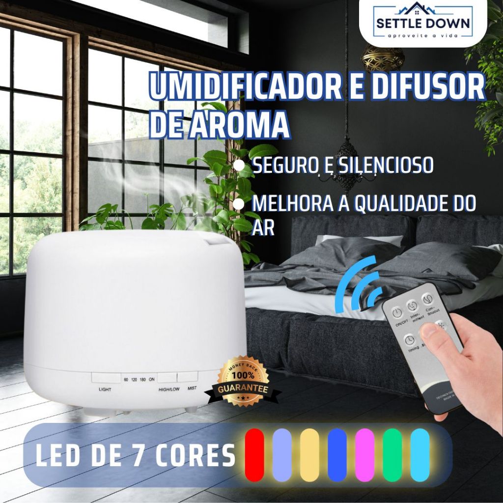 Umidificador Portátil 500ML Aromatizador Luz LED De 7 Cores Com Controle Remoto / Ambiente mais Agradável para Dormir