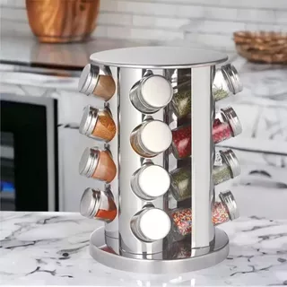 Porta Temperos Organizador Giratório Inox De Cozinha 16 Potes De Vidro Condimentos Prata
