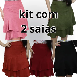 Kit Saia Moda Evangélica Casual Forrada Detalhe Botões Confortável
