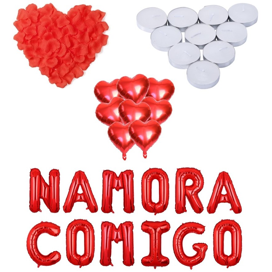 Kit Namora Comigo 300 Pétalas + 6 Balão Coração + 6 Velas