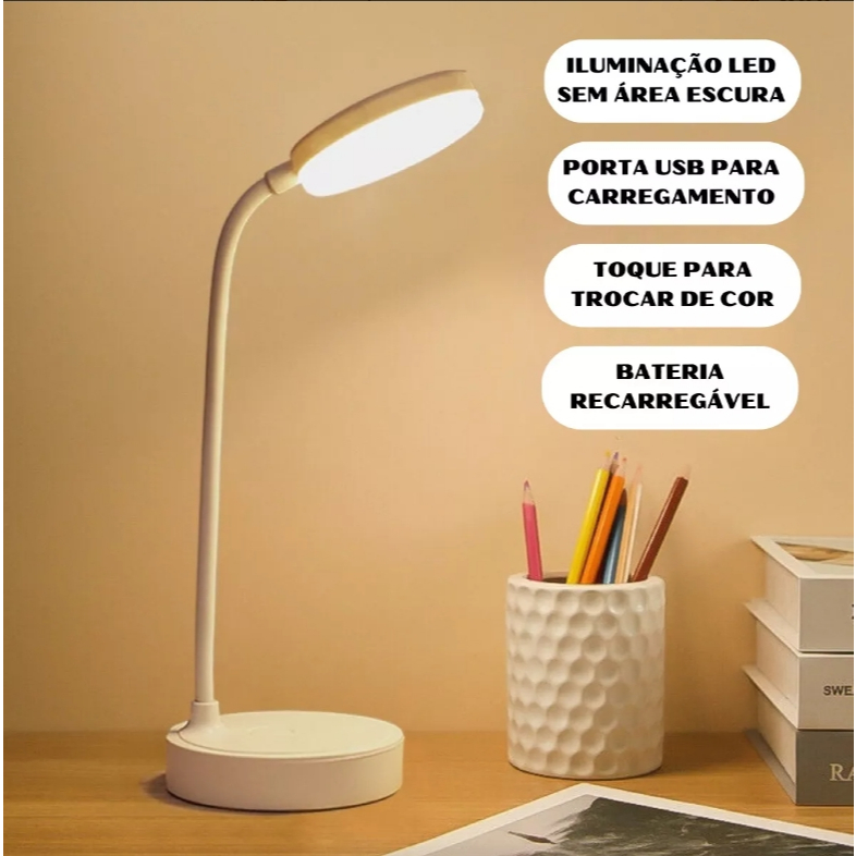 Luminária De Mesa Flexível Estudo Leitura Touch Recarregável F979 ...