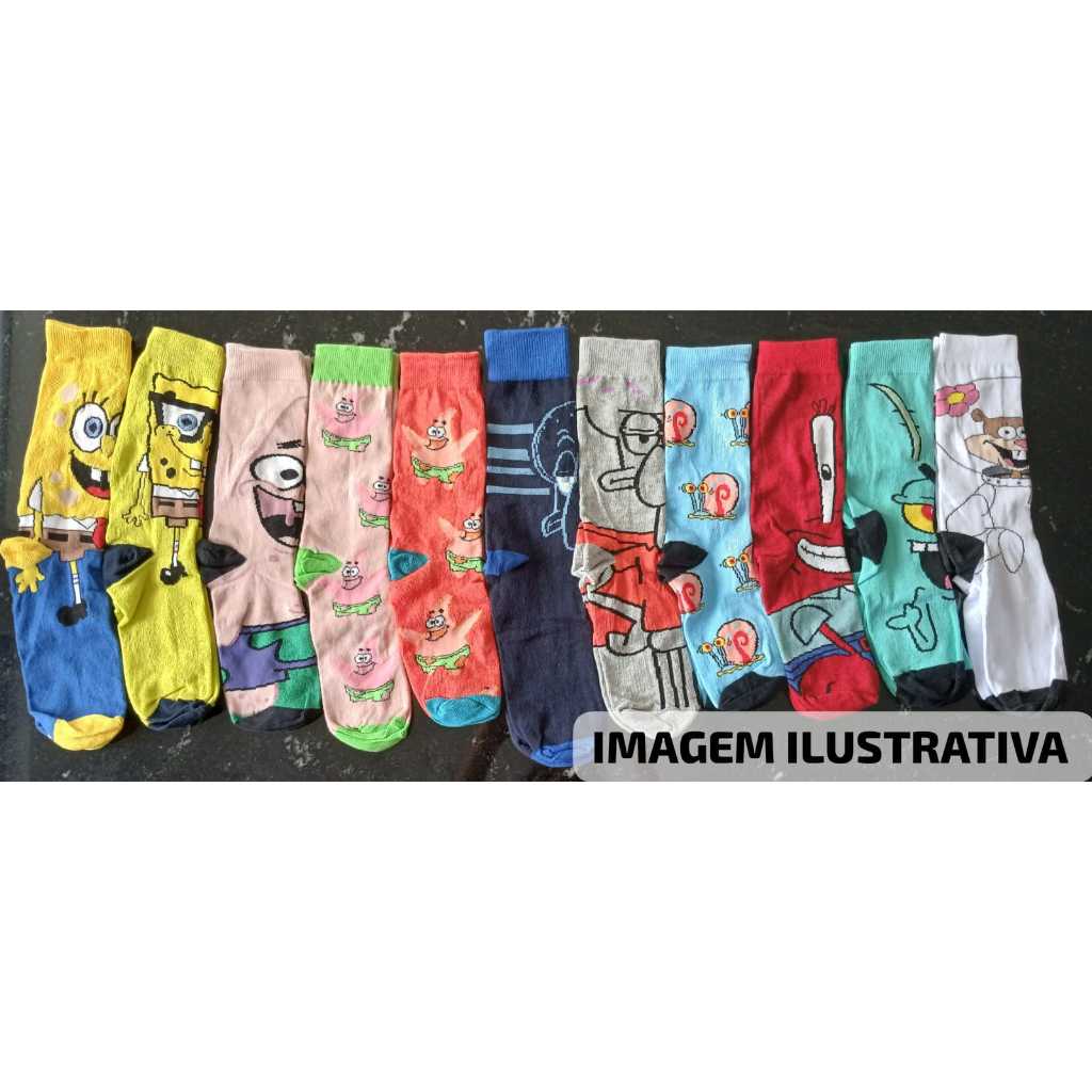 Kit com Meias Divertidas de Personagens em Algodão Unissex
