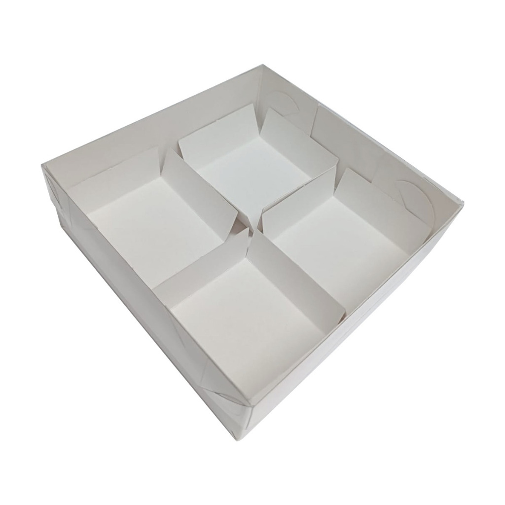 Caixa para 04 Brownie com Pétala 15x15x5 BRANCO Tampa PET Em