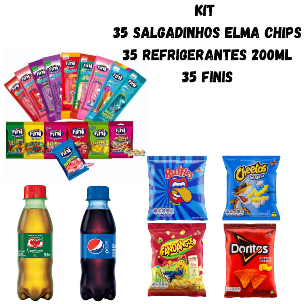 KIT 35 SALGADINHOS ELMA CHIPS + 35 REFRIGERANTES 200ML + 35 FINIS ...
