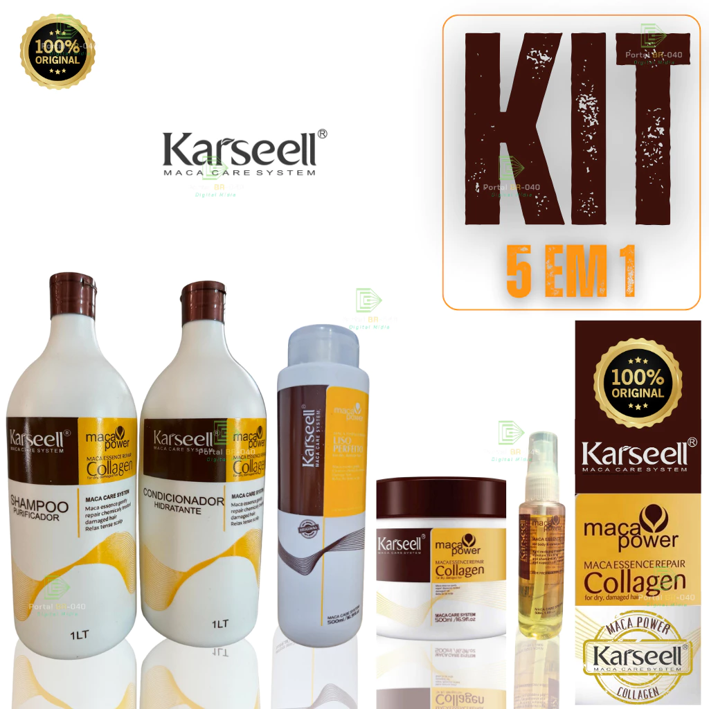 Karseell Collagen Tratamento Capilar 500g + Shampoo + Condicionador 1L + Óleo Maca + Progressiva