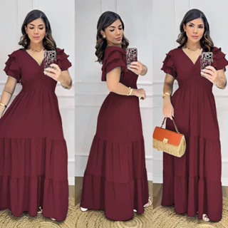 Vestido Longo Feminino Saia 3 Maria Manga Curta Babado Madrinha Evangelico Casamento Dia das Mães em Oferta na Shopee