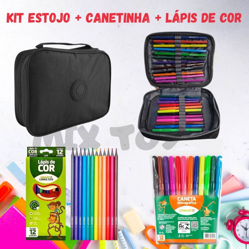 Kit Escolar Estojo Grande 2 Divisórias + Canetinha 12 cores + Lápis de ...