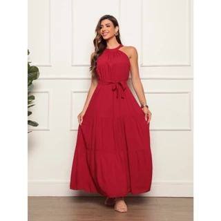 Vestido Longo Feminina Liso Gola Alta Cintinho em Oferta na Shopee