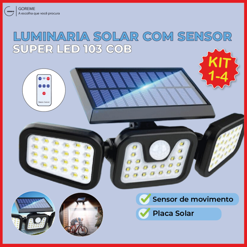 Kit 4 Luminária Solar Led 10W com Sensor de Movimento Luz Fria Ajustável para ambientes externos