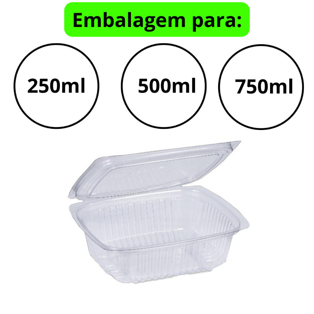 embalagem para doce e salgado pote retangular articulado 250ml 500ml 750ml