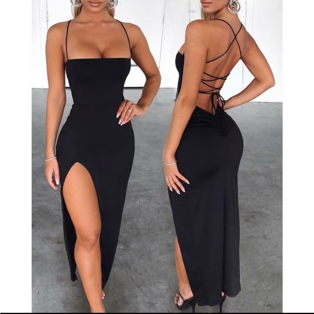 NOVO vestido colado LONGO SUPLEX com fenda costas nuas trançadas elegante empina bumbum.