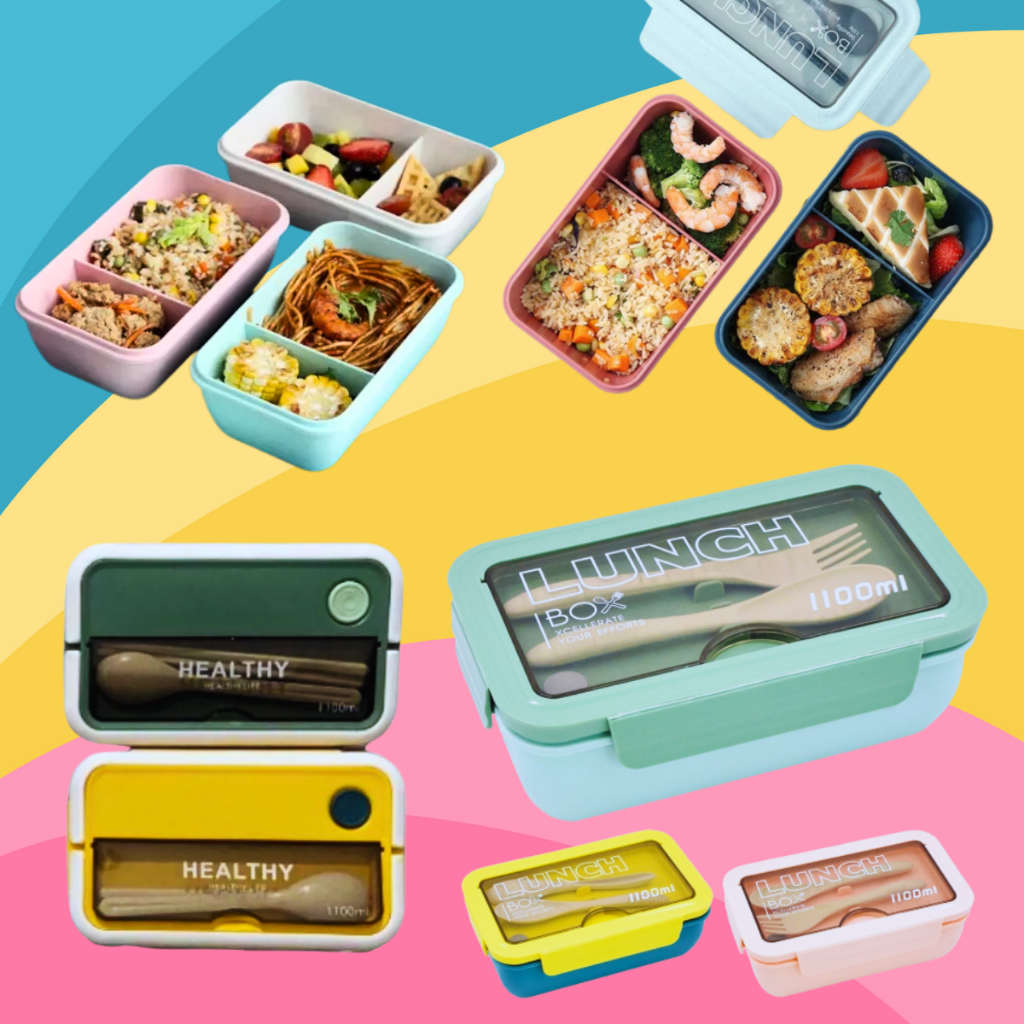 Marmita Recipiente Pote de Alimentos 1100mL Lancheira Com Divisórias Talheres Portátil Sortido