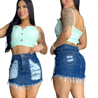 Saia jeans chefão, cós alto, detonado na frente com foro!