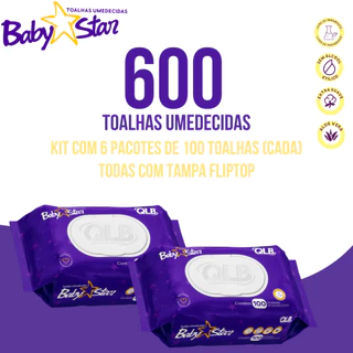 Caixa com 6 Lenços/Toalhas Umedecidas Baby Star c/ 100 Unidades Cada - Tampa FlipTop em Oferta na Shopee