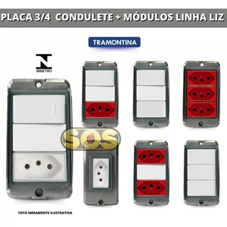 TAMPA DE CONDULETE 3/4 COM TOMADA E INTERRUPTOR TRAMONTINA ALUMINIO LIZ BRANCO