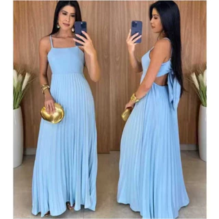 Vestido Longo Plizado Com Amarração Nas Costas em Oferta na Shopee