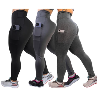 Kit 3 Calças c/ Bolso Cos Alto Reforçada Academia Corrida Trabalho