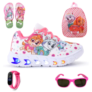 Kit Tenis Feminino Infantil De Led Meninas Patrulha Canina Pink Cadarço + Mochila + Chinelo + Óculos + Relógio Linkito