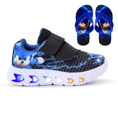 Kit tênis masculino infantil de led meninos Sonic velcro preto royal + chinelo linkito