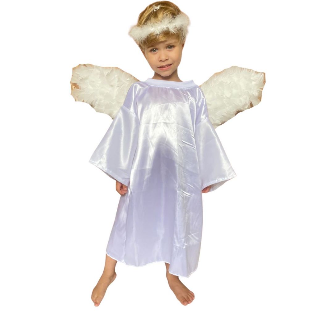 Túnica fantasia de Anjo Infantil de cetim branco bata para coroação batizado