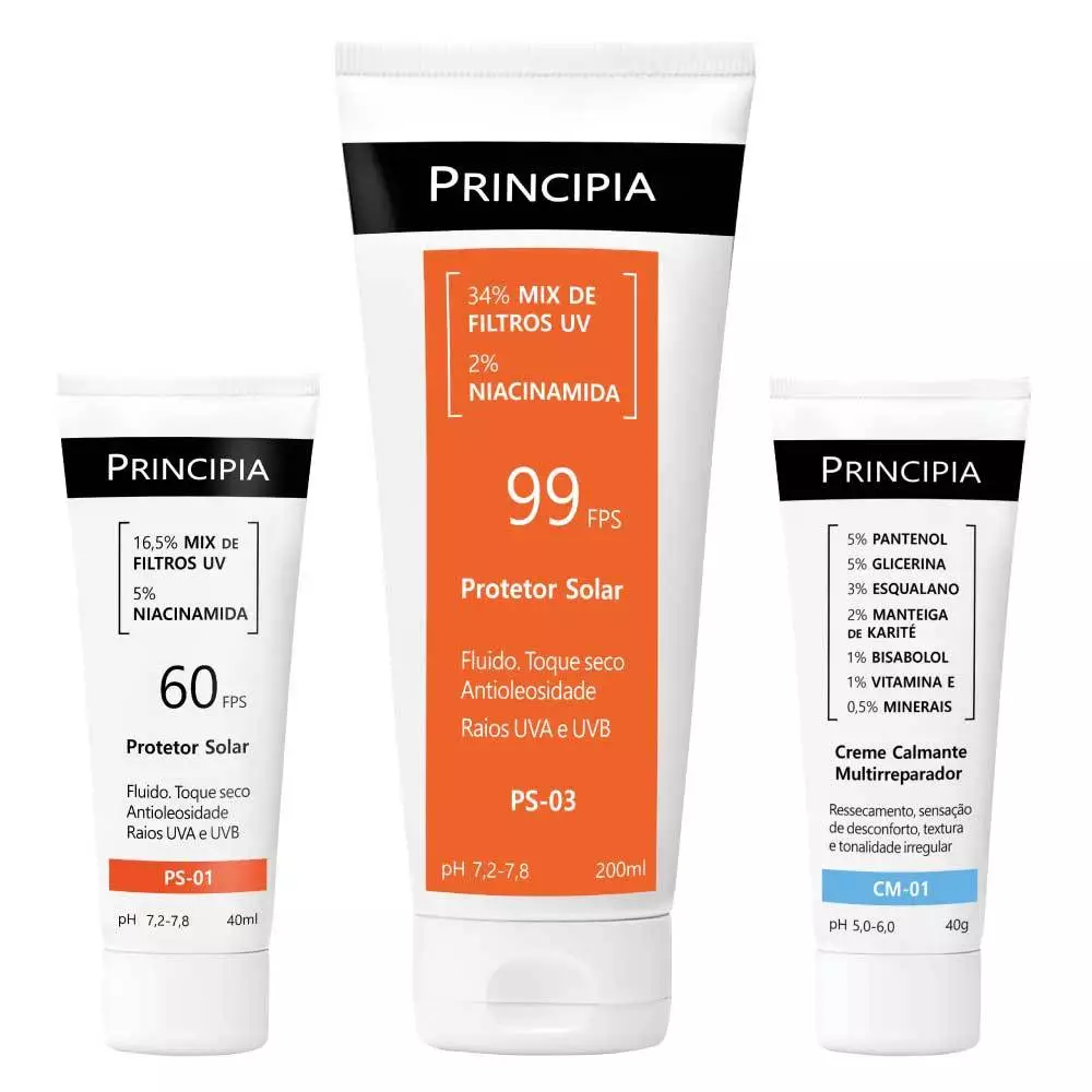 Principia Kit Verão Básico com Protetor facial FPS60 + Creme calmante + Protetor corporal FPS99