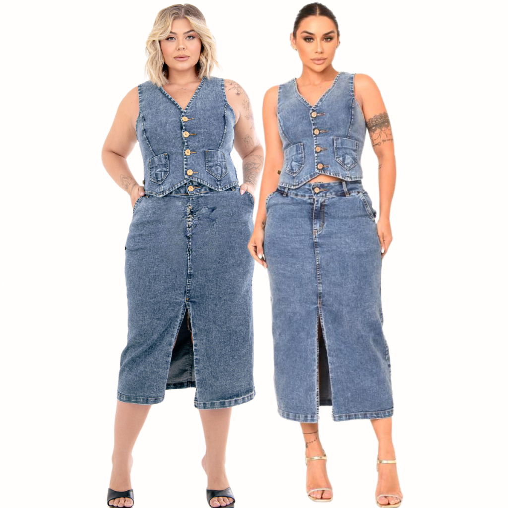 Conjunto Jeans Feminino com Colete e Saia Longa Fenda Elegante
