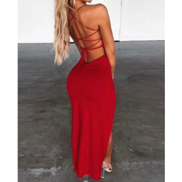 Vestido Suplex Premium Longo Colado Com Alça Trançada Nas Costas