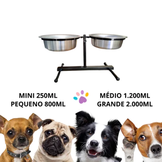 Comedouro Duplo Elevado Alto Ajustável Regulável Ergonômico para Cachorro Preto