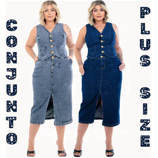 CONJUNTO Jeans Plus Size com Colete e Saia Midi Longa com Fenda Frontal – Look Versátil e Estiloso