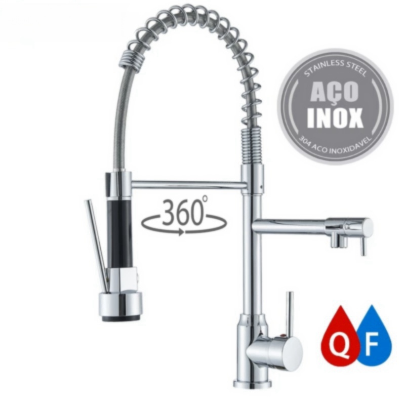 Torneira Cozinha Gourmet de Bancada Monocomando Preta Com Spray Flexível Misturador, Torneira Rotação 360°