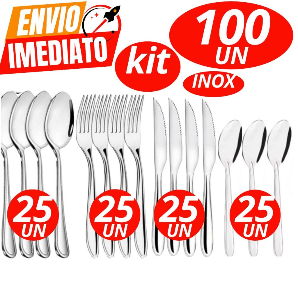 Jogo De 100 Peças Talheres Inox 25 Garfo 25 Faca 25 Colher 25 Colher ...
