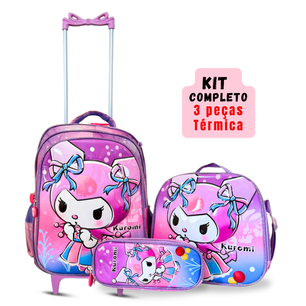 Kit Mochila Escolar Rodinha Infantil Kuromi + Lancheira Térmica e ...