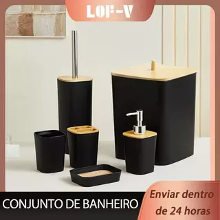 Kit Banheiro Luxo Conjunto Lixeira Porta Escova Sanitária 6 Peças Tampa Bambu