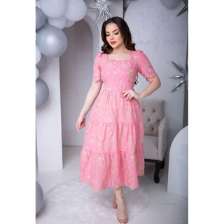 Vestido Lesse Bordado 3D Floral Manga Curta