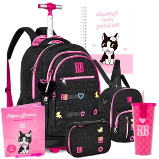 KIT Mochila De Carrinho Jeans C/ Chaveiro Pompom Estojo Lancheira Escolar Rebecca Bonbon RB