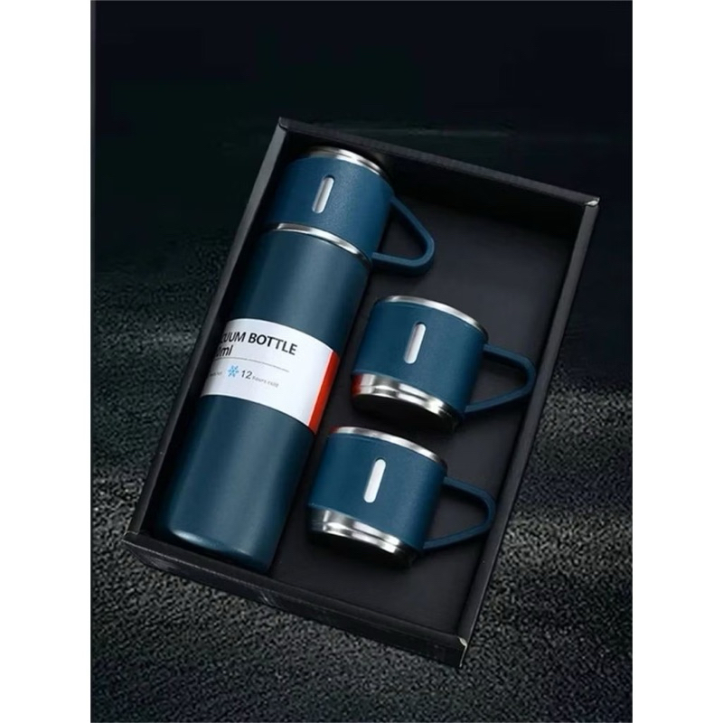 caneca Kit Garrafa Térmica Vacuum Bottle Inox 500ml + 3 Xícaras Bebidas Fria ou Quente Resistente