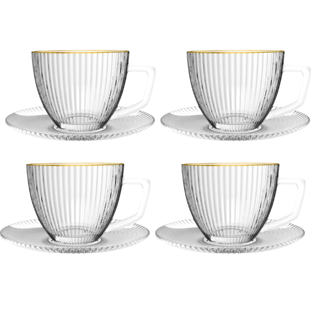 Conjunto 4 Xícaras Com Pires de Chá 230ml Filete Dourado Borda Canelado Frisado