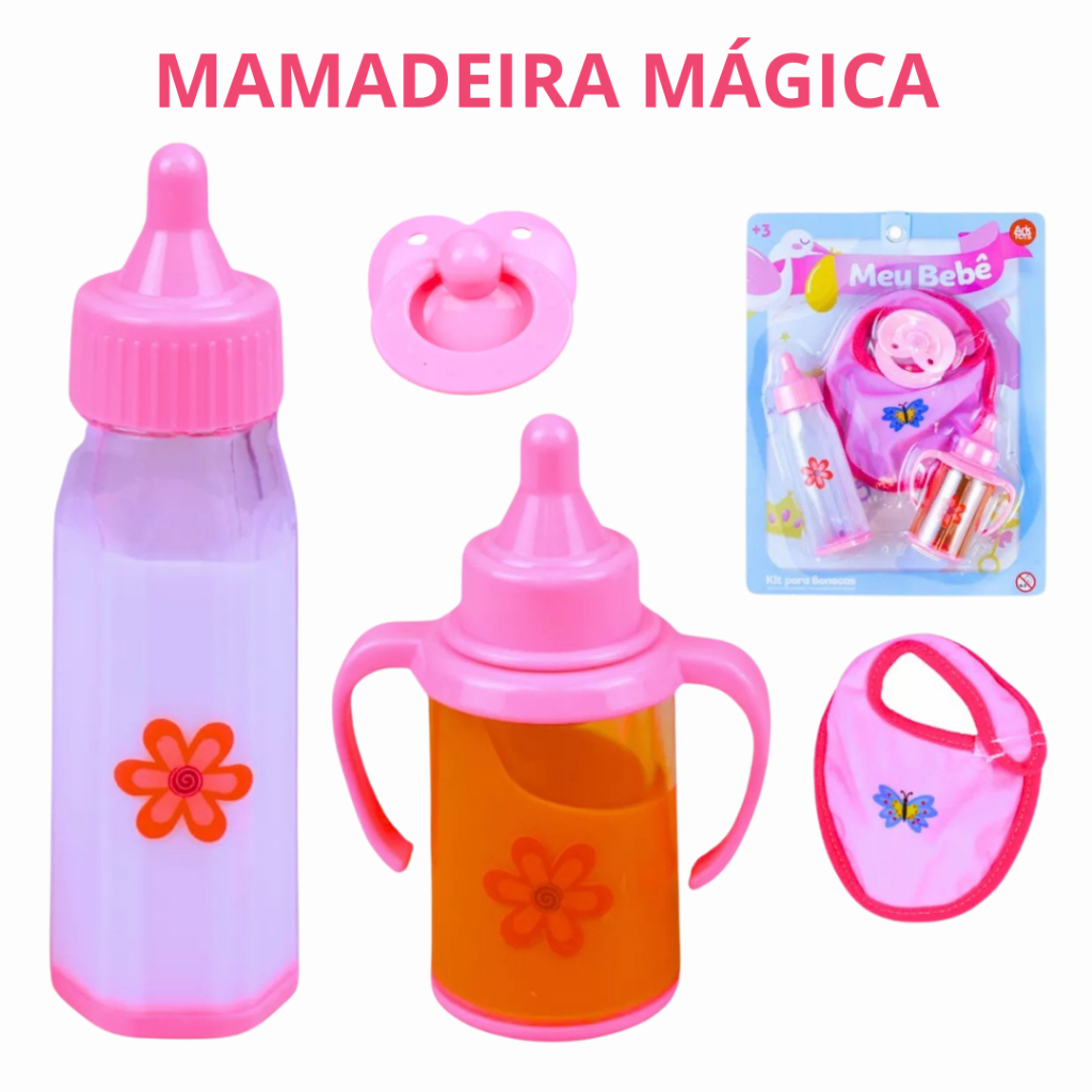 Kit Mamadeira Mágica para Boneca 4 Peças 02 Mamadeira Mágica + Babador ...