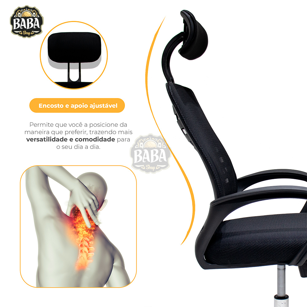 Cadeira De Escritório Presidente Alta Giratória Regulável Ergonômica Apoio Cervical Tecido Tela Ribs