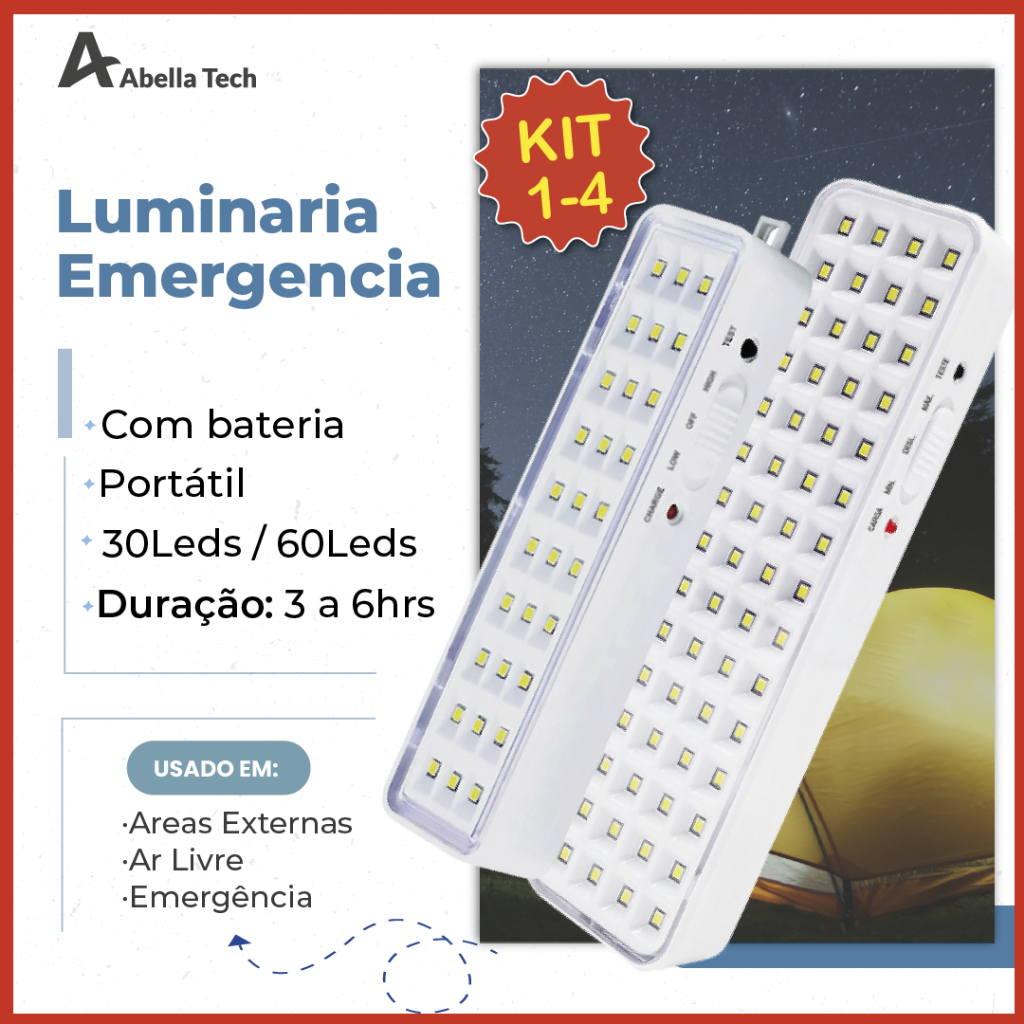 Kit 4 Luminária Emergência Lâmpada 30 ou 60 Leds Recarregável Bivolt Luz Branca