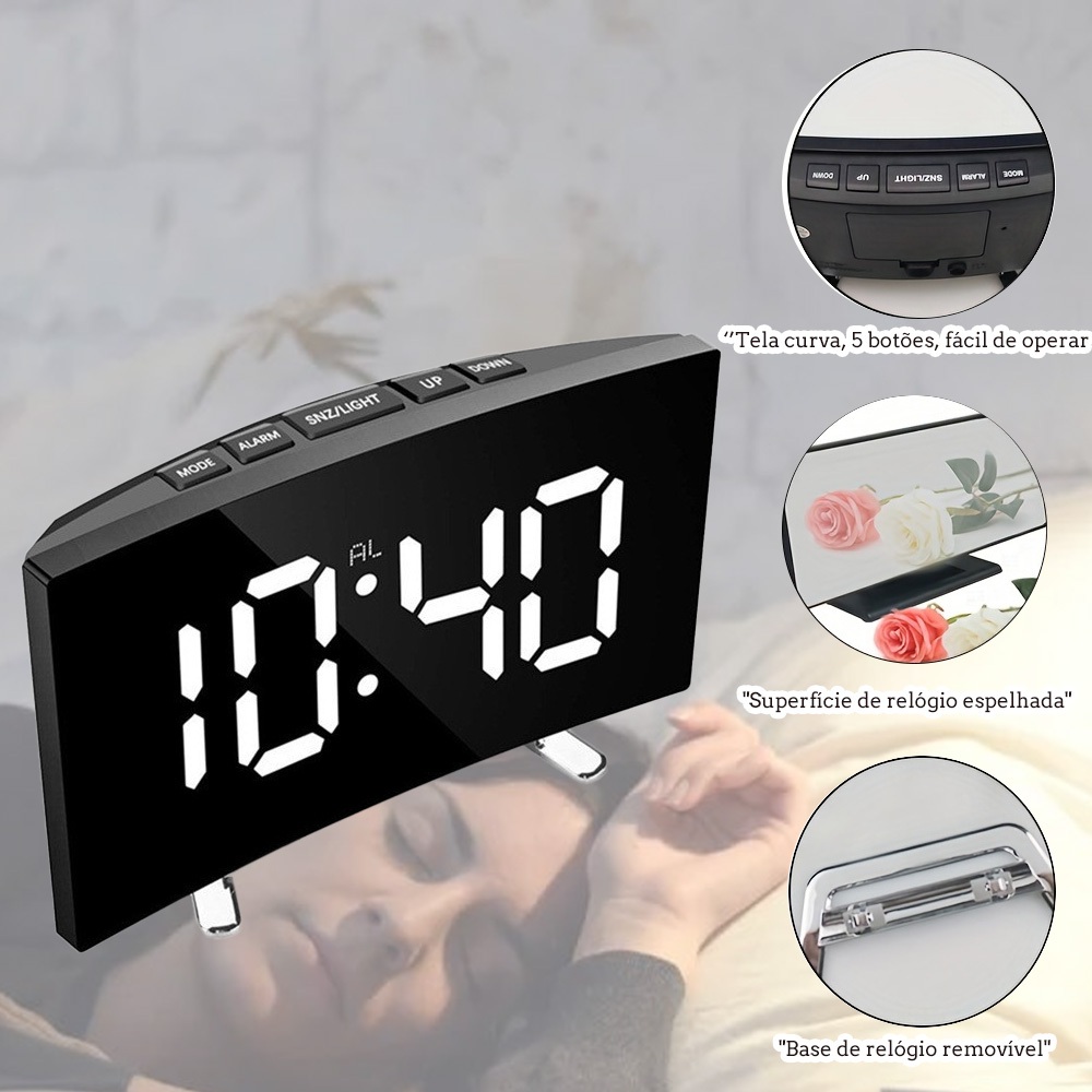 Relógio De Mesa Digital Led Despertador Alarme Temperatura Data Com Espelho Curvado